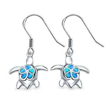 Drop Dangle Turtle Earrings Lab Created Blue Opal 925 Sterling Silver (17mm)